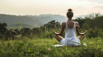 Fototapeta premium Outdoor yoga session, peaceful setting, sunrise, harmony with nature