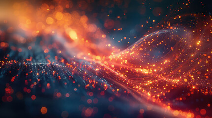 Fototapeta premium Vibrant Digital Network Concept - Abstract Glowing Dots and Waves Representing Social Network Communication in a Dynamic Night Setting