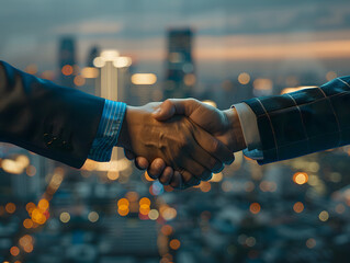 Businessmen shaking hands in the office with a city view background