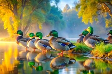 A serene water's edge is home to a flock of vibrant, iridescent green-winged ducks, their feathers glistening warmly