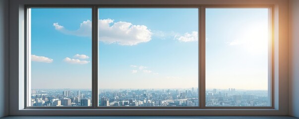 Fototapeta premium A modern window view showcasing a bright, sunny sky and city landscape, ideal for architecture and urban themes.