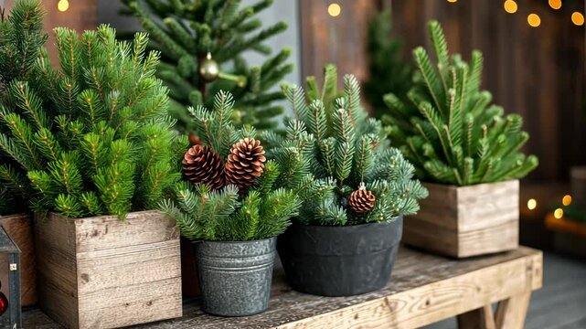 Festive Christmas pine and fir trees in rustic pots with pinecones, perfect for holiday decor and celebration themes