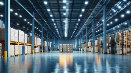 Obraz premium Warehouse Interior: Industrial Space with Pallets and Lighting