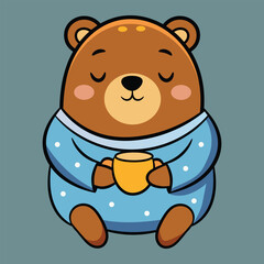 Cute cartoon bear sleepily holding coffee icon illustration
