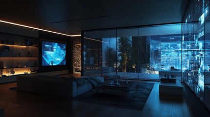 A modern, dimly-lit living room with blue lighting and large glass windows showcasing a city view.