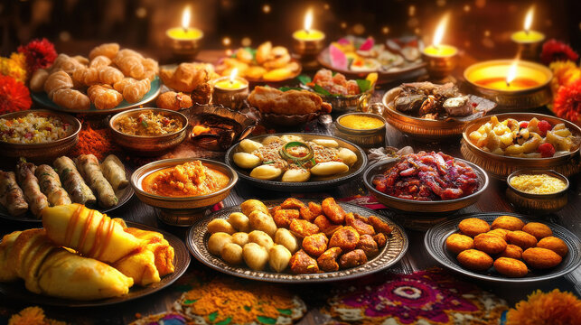 a vibrant and colorful Diwali feast table filled with traditional Indian festive foods. The table should feature a variety of sweets and snack