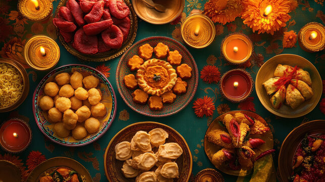 a vibrant and colorful Diwali feast table filled with traditional Indian festive foods. The table should feature a variety of sweets and snack