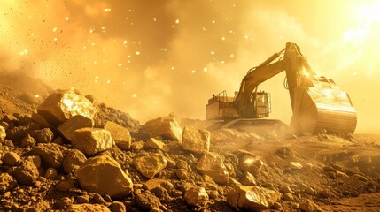 An excavator working amidst glowing rocks and flying sparks in a construction site. The golden light and dynamic action create an intense, industrious atmosphere, capturing the essence of heavy