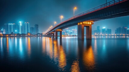 Fototapeta premium A nighttime cityscape featuring a bridge with reflections on the water and illuminated buildings.