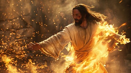 Naklejka premium A dynamic action shot of Jesus casting out demons surrounded by golden fire