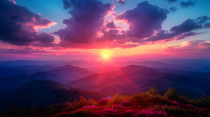 Obraz premium Purple Sunset Over Mountains Landscape Image