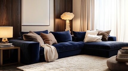 Cozy Navy Blue Velvet Living Room: Perfect Wall Art Poster for Modern Interiors Featuring Plush Sectional, Warm Textures, and Soft Lighting for a Stylish Touch