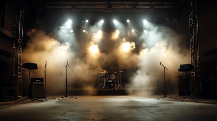 Concert stage with intense spotlights, light flares and smoke effects, highenergy rock concert vibe, vivid contrasts