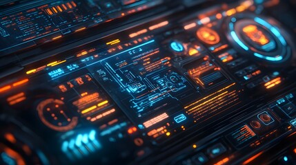 Fototapeta premium Futuristic Sci-Fi Interface with Glowing Blue and Orange Lights 3D Illustration