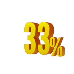 3d illustration of golden number 33 percent or 33% isolated on white background. 3d render.
