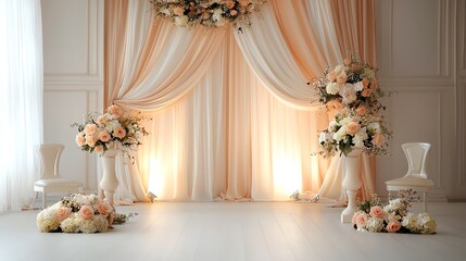 Elegant drapes with soft lighting behind, pastel colors, romantic and intimate atmosphere, classic stage setup