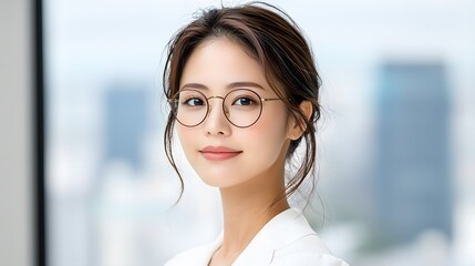 Portrait of a young Asian woman with glasses, natural makeup, and tied-back hair, wearing a white blouse in a bright indoor setting
