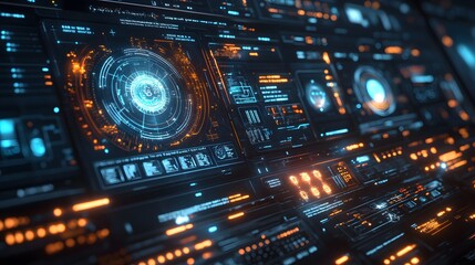 Obraz premium Futuristic Digital Interface with Glowing Blue and Orange Lights - 3D Illustration