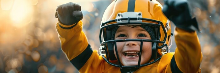 Fototapeta premium Confident young child stands proudly wearing oversized American football helmet and vibrant yellow jersey, hands raised in triumph after a thrilling game or impressive play on the field.