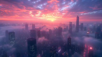 Fototapeta premium Cityscape Illustration with Fog and Sunset