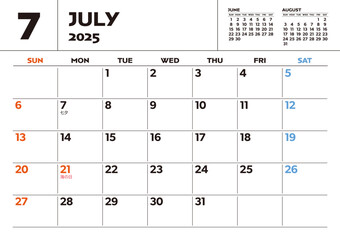 2025年シンプル卓上カレンダー：7月、日本の祝日・行事入り