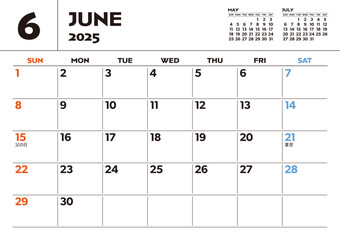2025年シンプル卓上カレンダー：6月、日本の祝日・行事入り