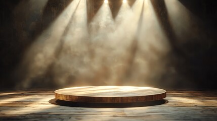 Stage with overlapping light beams, warm amber tones, cozy and intimate atmosphere, subtle elegance