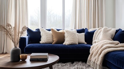 Cozy Living Room Inspiration: Navy-Blue Velvet Sofa with Cream Pillows and Beige Knit Blanket - Perfect Poster for Elegant Home Décor Ideas!