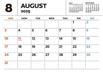 2025年シンプル卓上カレンダー：8月、日本の祝日・行事入り