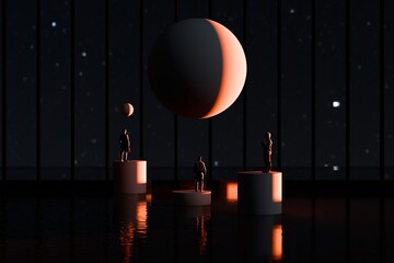 silhouettes of three men standing in the shadow of the water while looking at a large orange black ball like the moon. 3d illustration