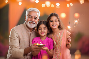 senior man celebrating diwali with granddaughter