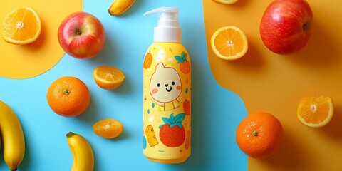 Yellow bottle, fruit, and blue and orange background.