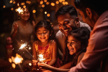 indian family playing with sparklers celebrating diwali