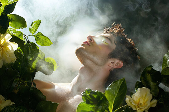 the creation of Eve from Adam's rib, with Adam in deep sleep and a misty, divine presence forming Eve, set in a paradisiacal garden