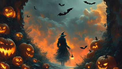 Halloween Background Illustration: Witches and Pumpkins Welcoming the Spooky Night