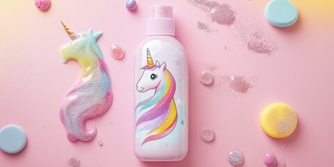 Pink unicorn themed spray bottle and glitter.