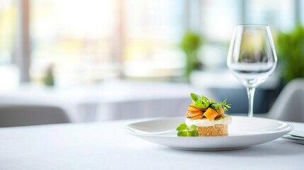 elegant dinner setting in a fine dining restaurant with a chef's specialty on display.