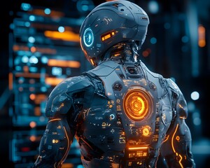 Futuristic Robot Illustration with Orange Lights in a Cyberpunk City