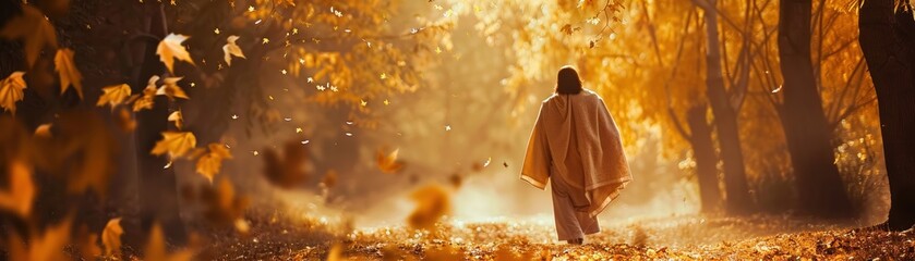 Fototapeta premium Golden autumn leaves falling around Jesus as he walks through a forest