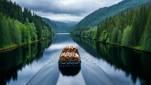 A barge loaded with logs travels through a serene, forested river landscape, ideal for concepts like nature, transportation, and evocative of Earth Day
