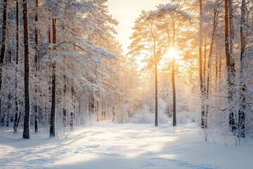 Winter background. Landscapes. Frozen winter forest with snow covered trees. outdoor with generative ai