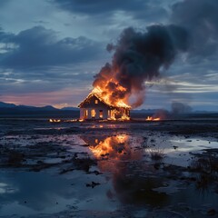 Fototapeta premium Dilapidated house engulfed in flames amidst desolate wet plain with puddles reflecting the burning structure. Dark clouds fill the sky adding to the eerie atmosphere.
