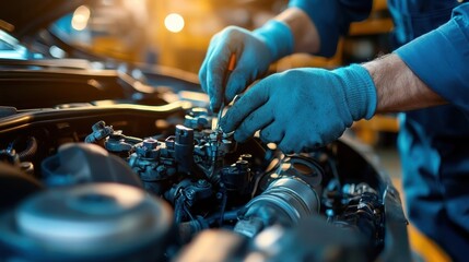 A mechanic works on an engine, using a tool to adjust components under the hood of a vehicle, showcasing the intricacies of automotive repair