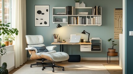 Fototapeta premium Transform Your Living Room: A Stylish Home Office Corner with Foldable Desk, Wall-Mounted Shelf, and Cozy Reading Chair—Perfect for Work and Relaxation in Any Space!