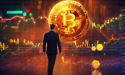 crypto chart at the background with businessman and cryptos everywhere