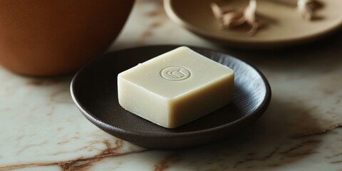 A bar of soap on a dark brown dish.