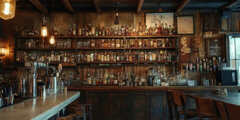 Obraz premium A rustic bar with shelves of liquor and beer taps.