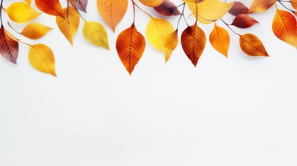 Autumn leaves drifting on a white background, vibrant tree branches in yellow and orange hues