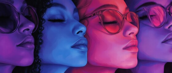 Obraz premium A vibrant artwork featuring women with closed eyes, wearing sunglasses, showcasing a blend of blue and pink hues