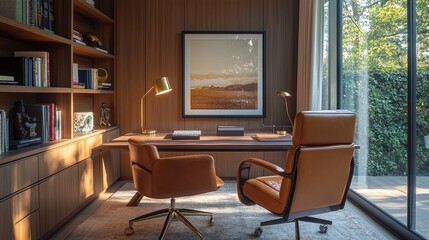 Stylish Home Office Poster: Modern Desk & Vintage Leather Chair Blend with Mid-Century Shelving and Art, Perfect for Sophisticated Spaces!